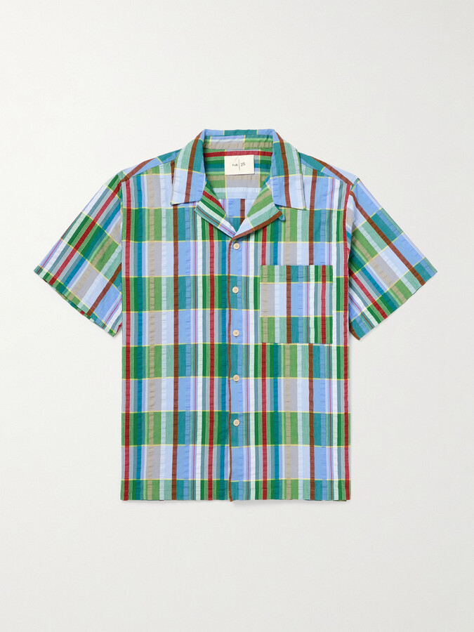 Folk Anniversary Convertible-Collar Checked Cotton-Seersucker Shirt