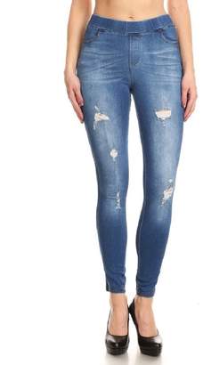Jvini Women's Stretch Pull-On Skinny Ripped Distressed Denim Jeggings Navy 55