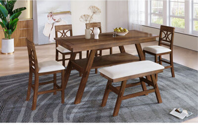 Latitude Run 6-Piece Wood Counter Height Dining Table Set With Storage Shelf Kitchen Table Set With Bench And 4 ChairsRustic StyleEspresso+Beige Cushion (Old Sk