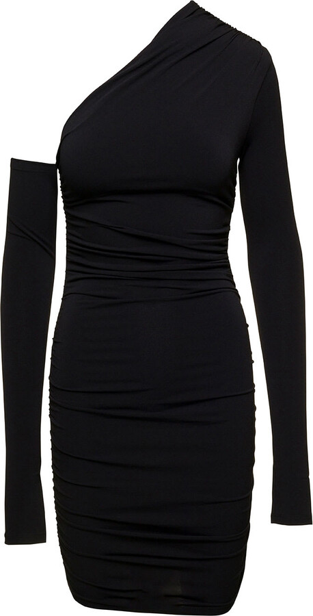 Classy Black One Shoulder Drape Style Women Midi Leather Dress