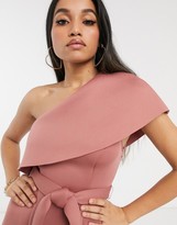 Thumbnail for your product : ASOS DESIGN Petite one shoulder crop top belted a line mini skater dress
