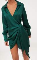 Thumbnail for your product : PrettyLittleThing Emerald Green Satin Deep Cuff Wrap Front Shift Dress