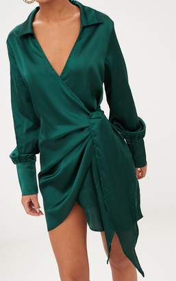 PrettyLittleThing Emerald Green Satin Deep Cuff Wrap Front Shift Dress