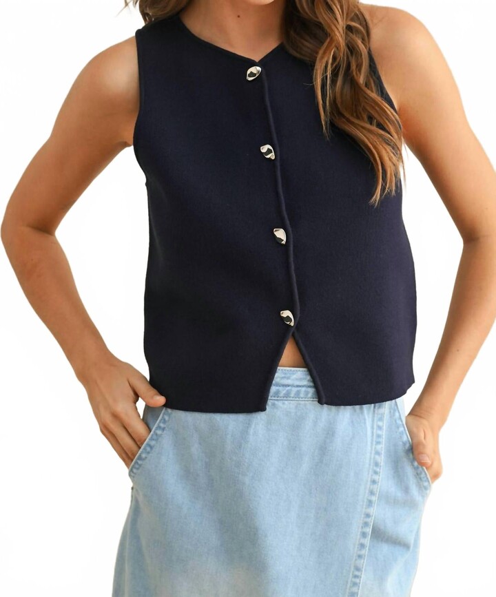 MIOU MUSE J'adore Sculpted Metal Button Knit Vest In Dark Cobalt