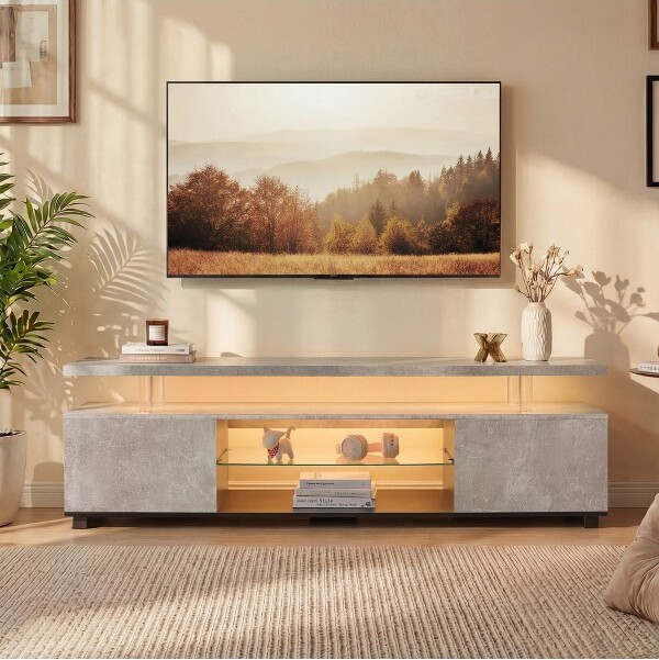 JVNOXKTVStandfor55InchTVLEDGamingEntertainmentCenterMediaStorageConsoleTablewithLargeSideCabinetforLivingRoom(Grey+Black)