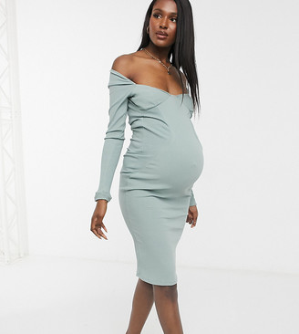ASOS DESIGN Maternity off-shoulder rib paneled long sleeve midi dress in  sage - ShopStyle