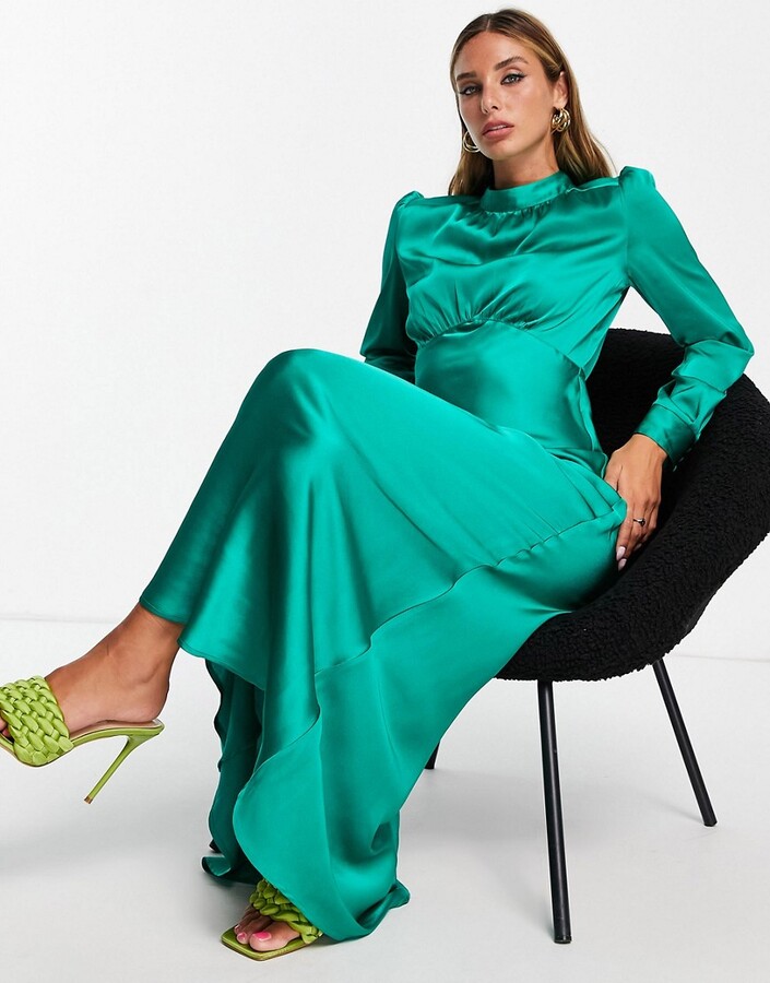 ASOS DESIGN high neck maxi satin tea dress in emerald green - ShopStyle