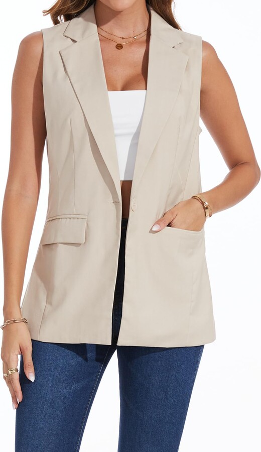 MINTLIMIT Womens Waistcoats Long Sleeveless Blazer V Neck Jacket Coat  Vintage Office Size 12 14 (WH-Beige M) - ShopStyle