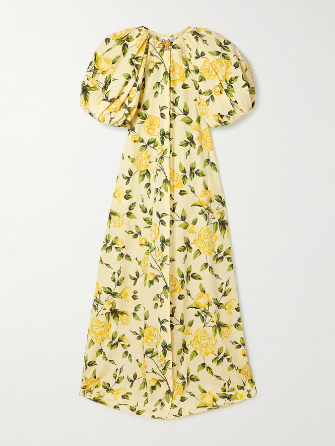 Oscar de la Renta Embellished Gathered Floral-print Cotton-blend Poplin Gown - Yellow