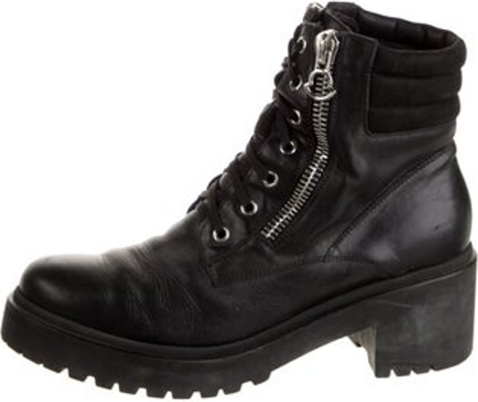 Moncler Viviane Ankle Combat Boots Black Leather Suede Trim Round-Toes Lace-Up Closure at Uppers & Exposed Zip Closure at Sides Wrap-Around Straps Designer