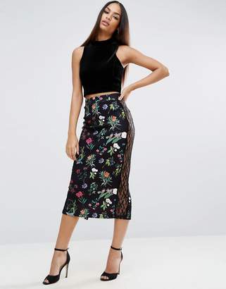 ASOS Pencil Skirt In Floral Print With Lace Trim