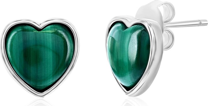 Caribbean Treasures Sterling Silver Bezel-Set Heart Studs (Available in Lapis Malachite or Kyanite)