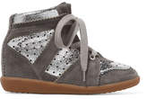 Thumbnail for your product : Isabel Marant Bobby Perforated Metallic Leather And Suede Wedge Sneakers - Silver
