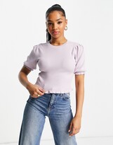 Thumbnail for your product : Miss Selfridge rib short sleeve tie back frill hem top in lilac
