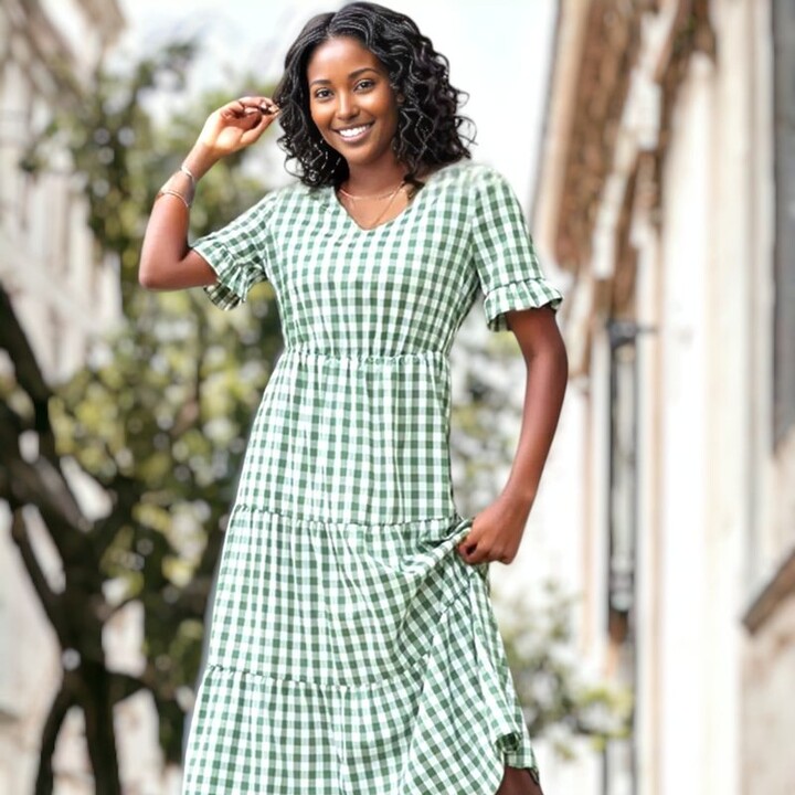 YOURS Plus Size Green Gingham Tiered Pure Cotton Midi Skirt