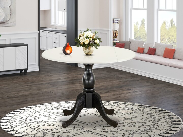 East West Furniture Round Kitchen Table with Drop Leaves Linen White