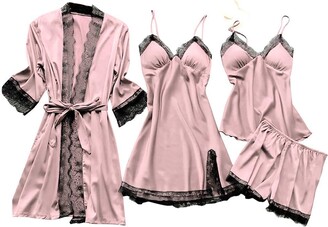 LAKOYA Women 4 Pcs Pajamas Set Satin Nightdress Robe Negligees