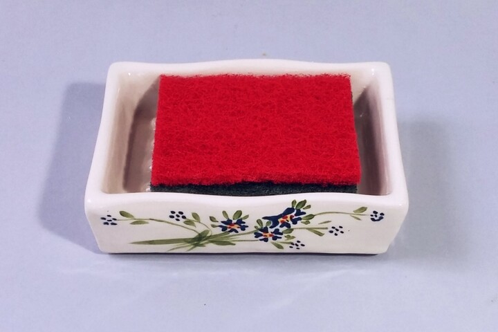 White Large Ceramic Soap Dish Floral, Blue & Green, Sponge Holder