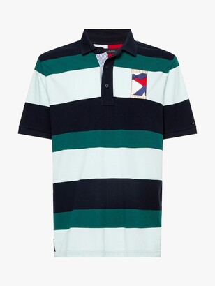 Tommy Hilfiger 1985 Block Stripe Logo Polo Shirt, Desert Sky/Oxygen/Rural Green