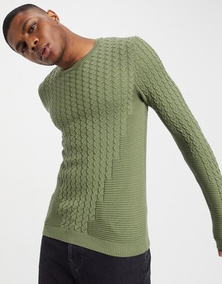 ASOS DESIGN muscle fit lightweight cable jumper in olive