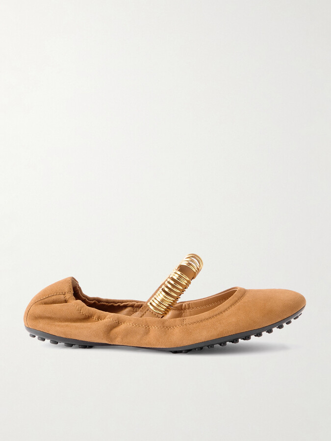 Tod's Ballerina Embellished Leather-trimmed Suede Flats - Brown