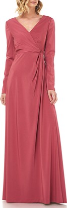 Kay Unger New York Adelina V-Neck Long-Sleeve Stretch Faille Gown w/ Side Slit