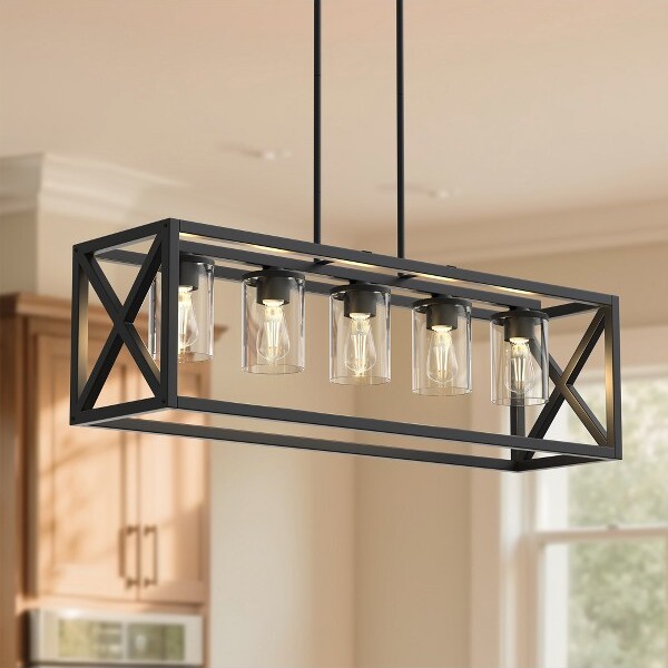 DORESshop5-LightMatteBlackRectangleChandelierMetalDiningRoomLightwithAdjustableHeightforKitchenIslandandTable