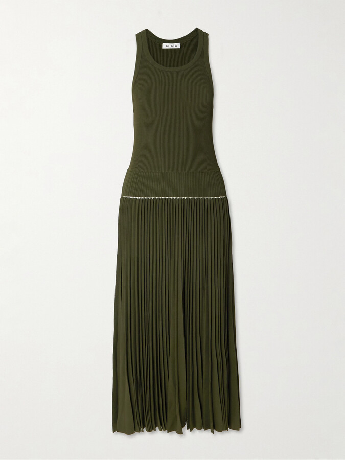 Alaia Pleated Pointelle-trimmed Ribbed-knit Midi Dress - Green