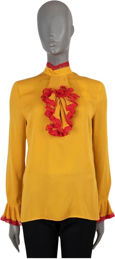 Gucci Yellow & Red Silk 2017 Lace Trim Ruffled Georgette Blouse Shirt 40 S