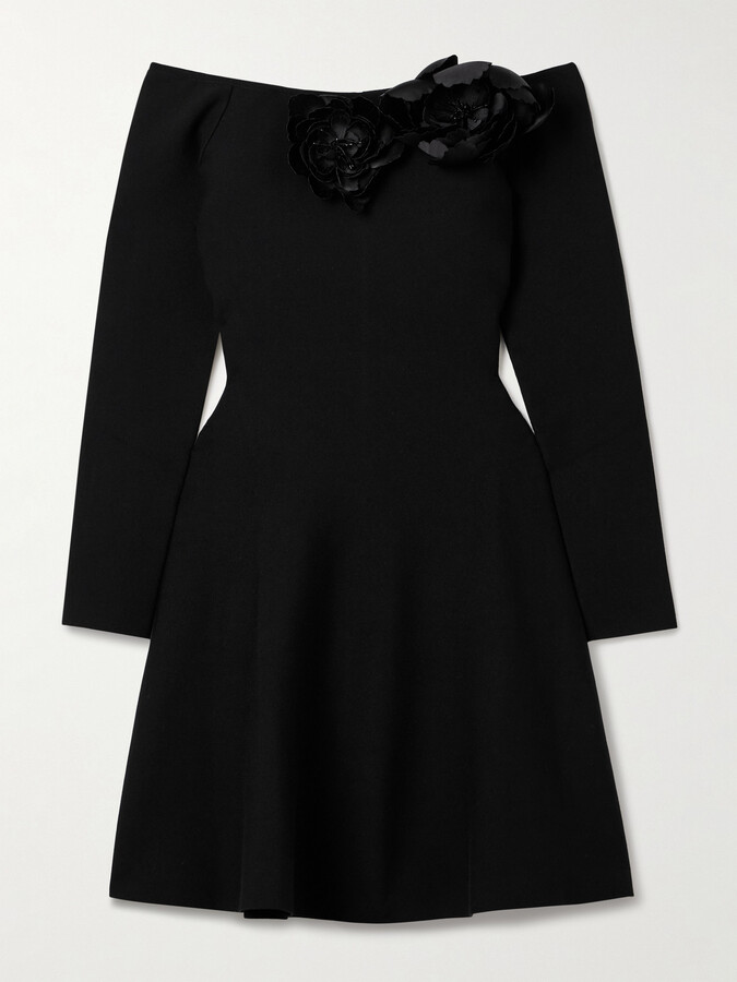 Oscar de la Renta Off-the-shoulder Embellished Appliquéd Stretch-jersey Mini Dress - Black