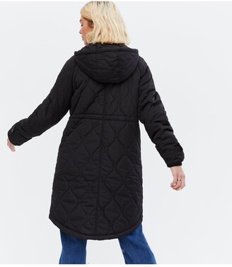 New Look Quilted Drawstring Long Parka Coat - Black - ShopStyle