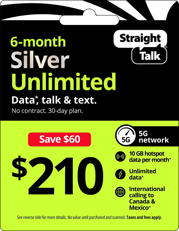 Straight Talk $210 Silver Unlimited Talk, Text & Data 180-Day Prepaid Plan + 10 GB Hotspot Data + Int'l Calling Direct Top Up