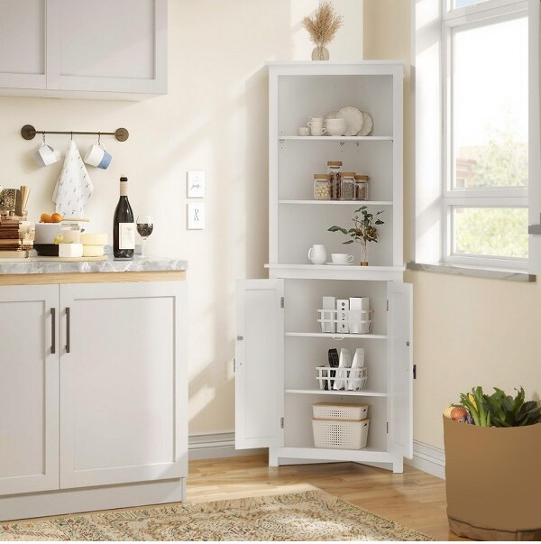 Nasitip RattanCornerStorageCabinetwithAdjustableShelvesFarmhouseStorageCabinetBookcaseFreestandingOrganizerforBathroomKitchenLivingRoom