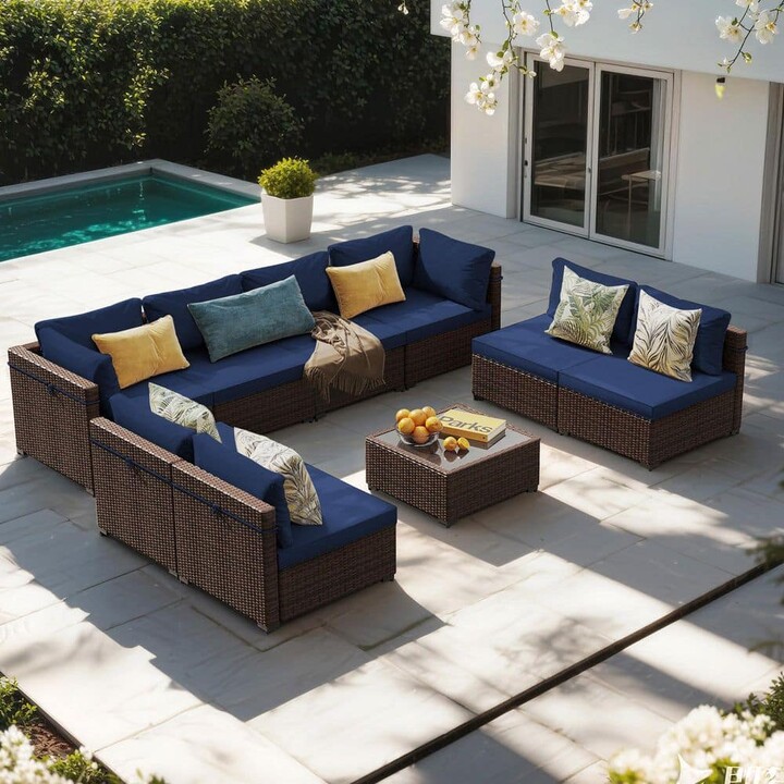 UPHA 9-Piece Wicker Sectional Seating Group with Navyblue cushions