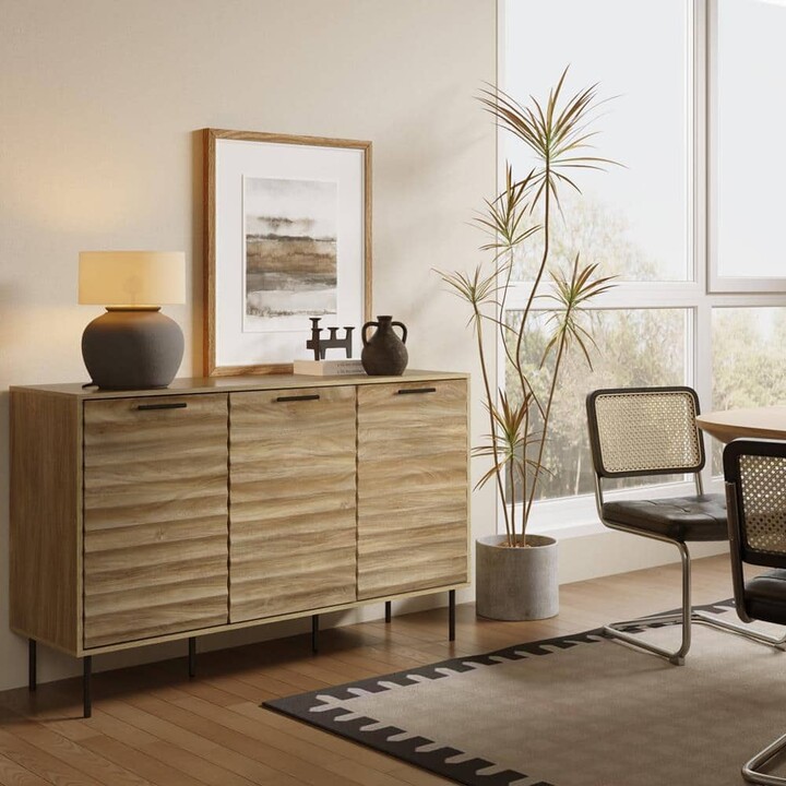 Brown and Black 33.9 in. Mid-Century Modern Wave 3-Door Kitchen Sideboard Cabinet with Metal Legs