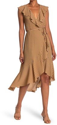 max studio patterned ruffle wrap midi dress