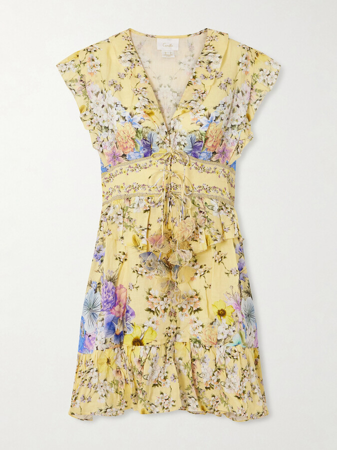 Camilla Appliquéd Embellished Floral-print Linen-voile Mini Dress - Yellow