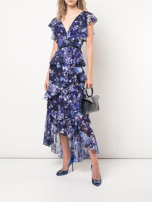 Marchesa Notte Ruffled Floral Print Dress