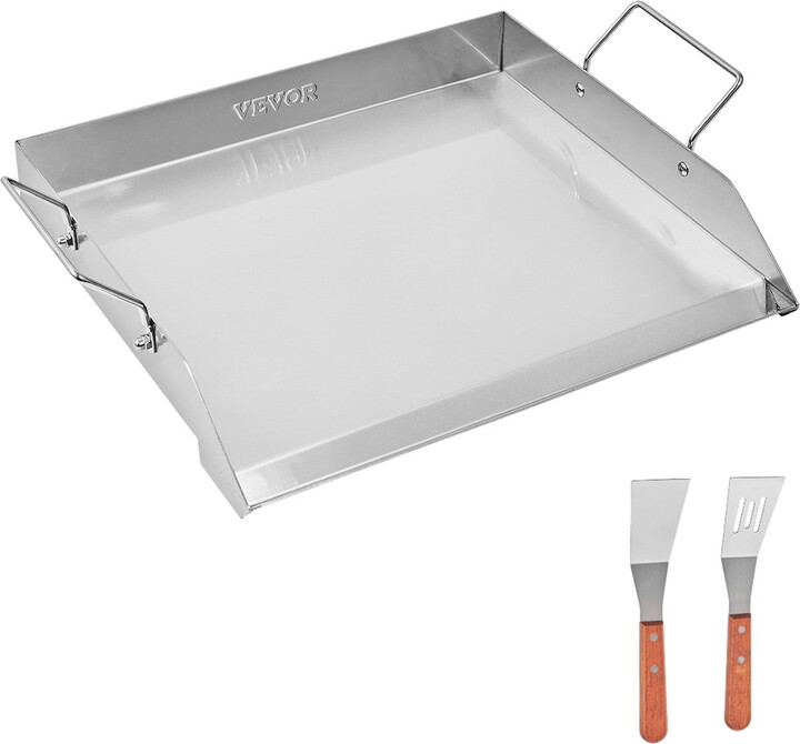 KFFKFF Griddle in Stainless Steel, Dimensions 18x16 inch, Flat Rectangular Shape, Suitable for BBQ Grill, Teppanyaki, Compact Cookware with Handle, Ideal for Outdoor Activities like Camping
