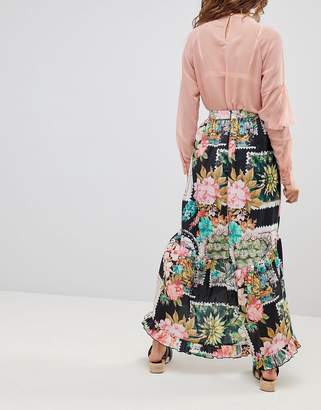 ASOS Design maxi skirt with high low hem in Postcard print-Multi