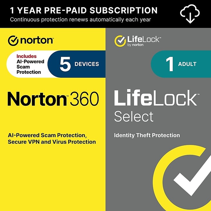 Norton Co. 360 Deluxe with LifeLock Select for 5 Devices, Windows/macOS/Android/iOS, Download (21435235)