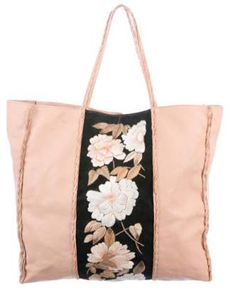 Valentino Floral Embroidered Leather Tote Champagne Floral Embroidered Leather Tote