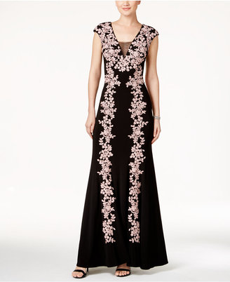 Betsy & Adam Embroidered Illusion A-Line Gown