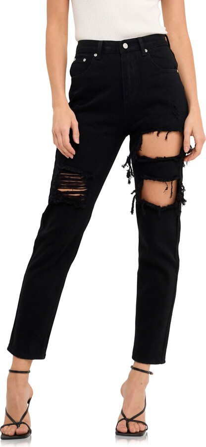 Grey Lab Cutout Ripped High Waist Slim Straight Leg Jeans