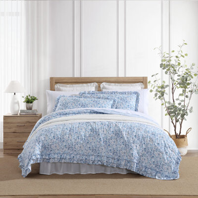 Laura Ashley Quartet Ruffled Blue Quilt Set