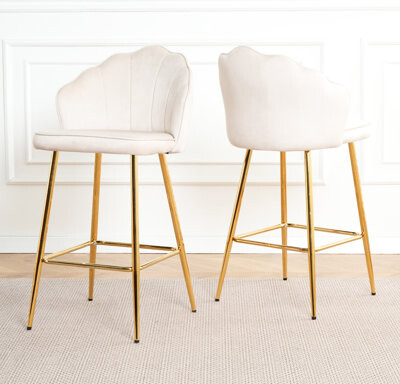 Of 2 Pink Velvet Bar Chairs With Gold- Legs - Comfortable Seating, Adjustable Foot, Cover Chair Duet, Metal Legs, Ergonomic Posture Support, Spacious