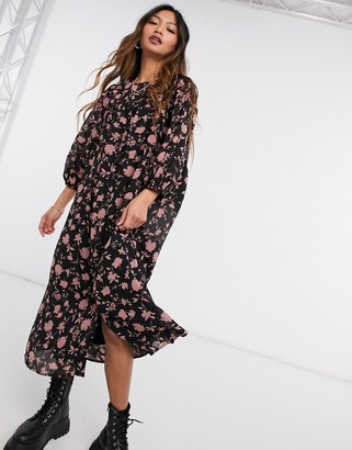 Vero Moda floaty midi dress with side slit in black floral - ShopStyle
