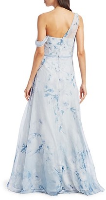 Marchesa Notte One-Shoulder Floral Chiffon Pleated Gown