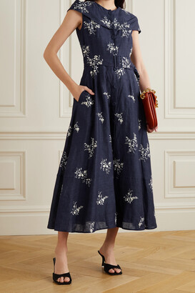 Erdem Clarisia Belted Embroidered Linen Midi Dress - Blue