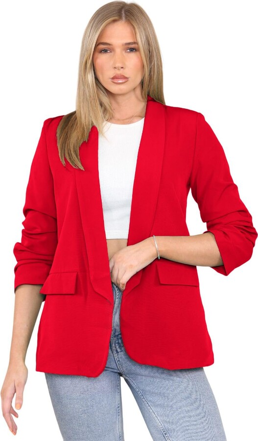 janisramone Womens Ruched Sleeve Fully Lined Blazer Ladies Plain Open